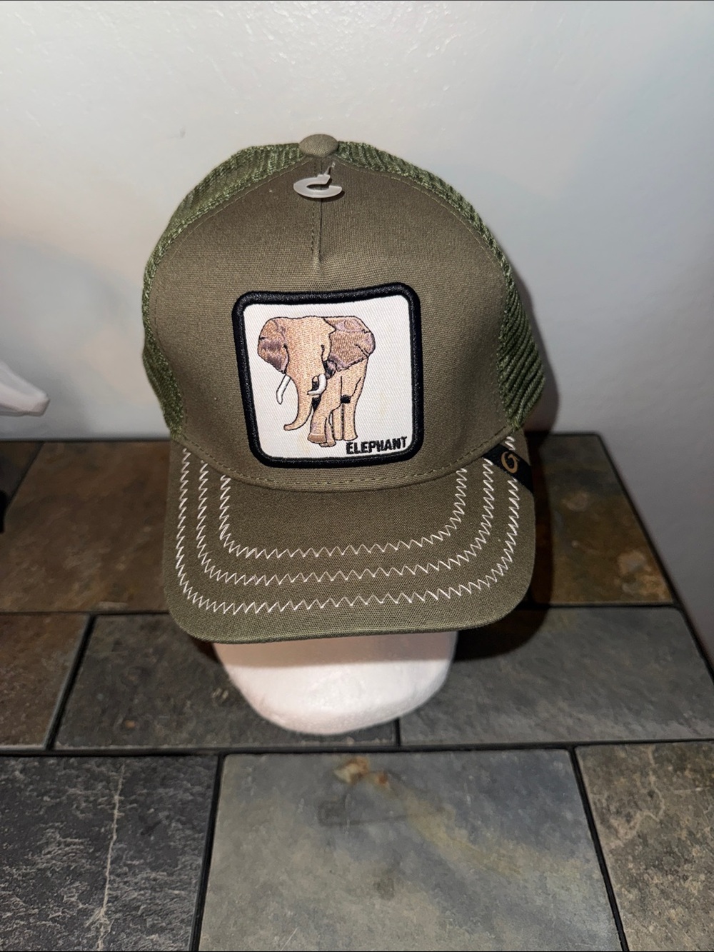 Source Unknown Olive Green Elephant Patch Trucker Hat
